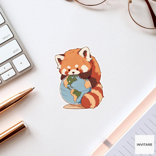 Red Panda Time Zone Sticker, Upside Down Globe Funny Animal Meme Laptop Decal