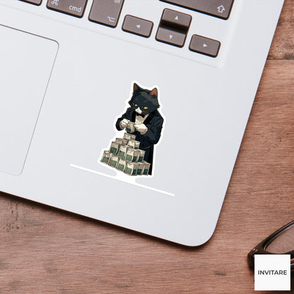 Tuxedo Cat Tea Sticker, Serious Morning Ritual Funny Animal Meme Laptop Water Bottle Decal