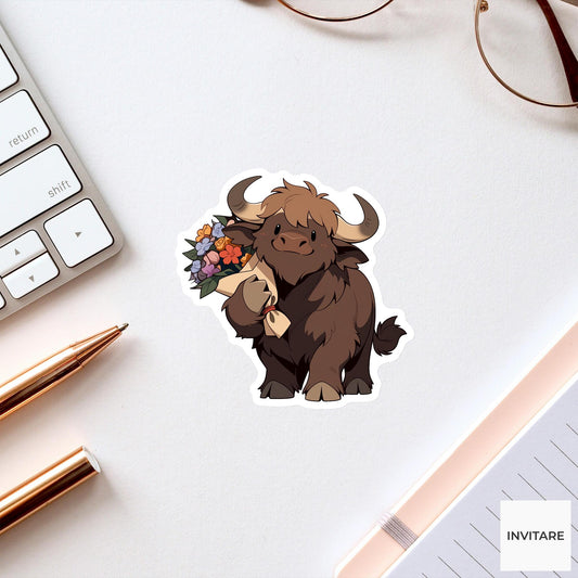 Water Buffalo Bouquet Sticker, Shy Romance Funny Animal Meme Laptop Water Bottle Decal