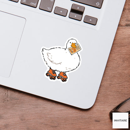 White Duck Rollerblade Sticker, Savings Sprint Funny Animal Meme Laptop Water Bottle Decal