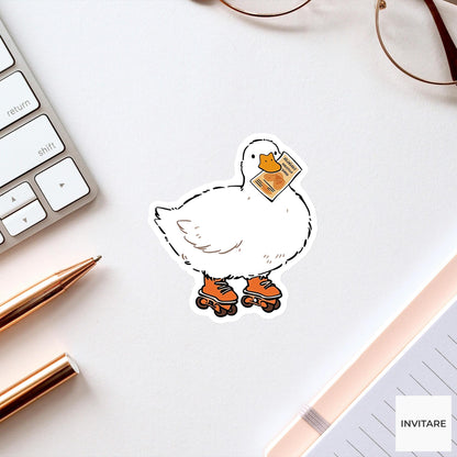 White Duck Rollerblade Sticker, Savings Sprint Funny Animal Meme Laptop Water Bottle Decal
