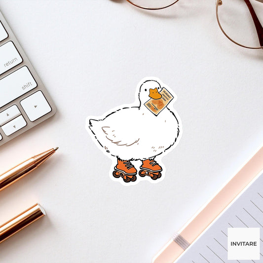 White Duck Rollerblade Sticker, Savings Sprint Funny Animal Meme Laptop Water Bottle Decal