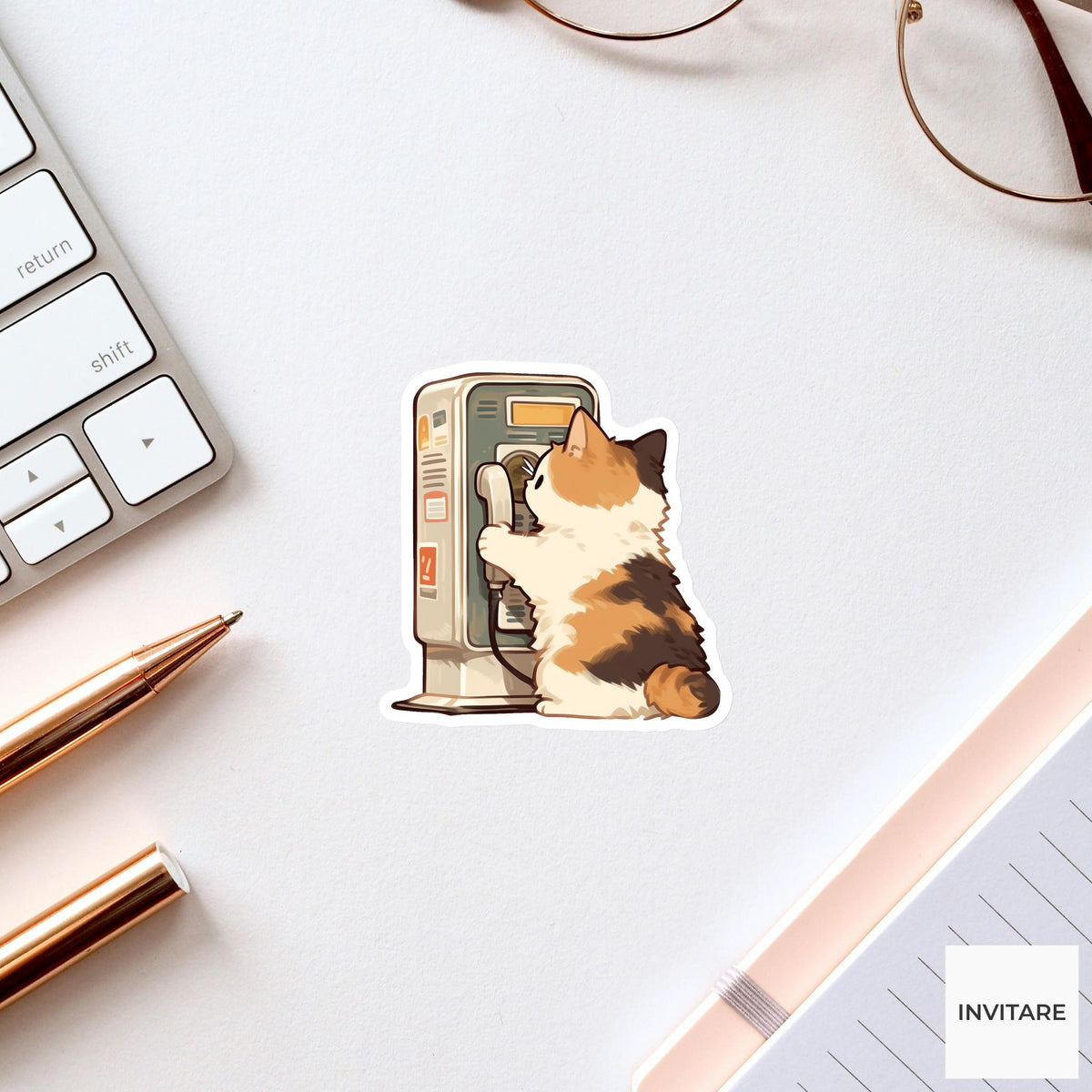 Calico Cat Payphone Sticker, Retro Kawaii Animal Laptop Water Bottle Decal