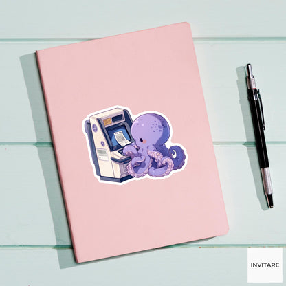 Purple Octopus Ticket Kiosk Sticker, Kawaii Animal Laptop Water Bottle Decal