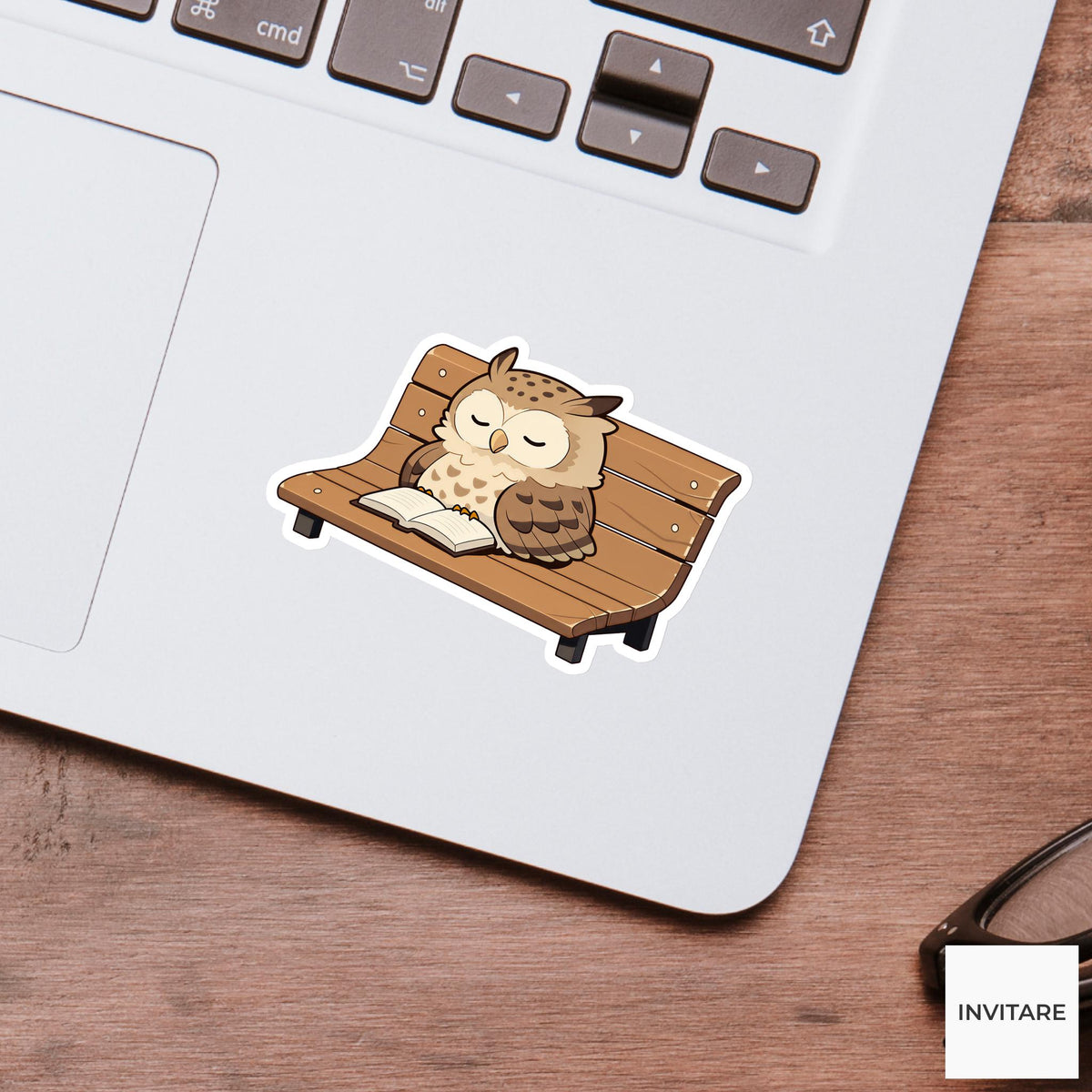 Owl Reading Bench Sticker, Bookish Kawaii Animal Laptop Water Bottle Decal