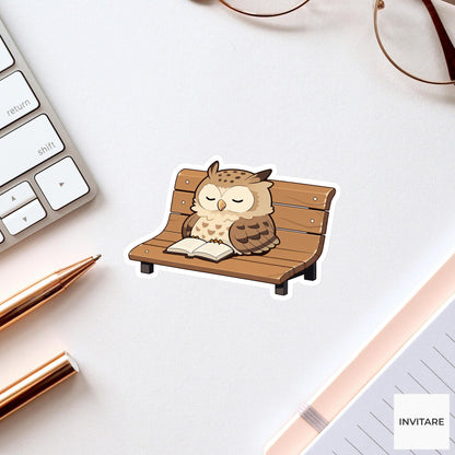 Owl Reading Bench Sticker, Bookish Kawaii Animal Laptop Water Bottle Decal