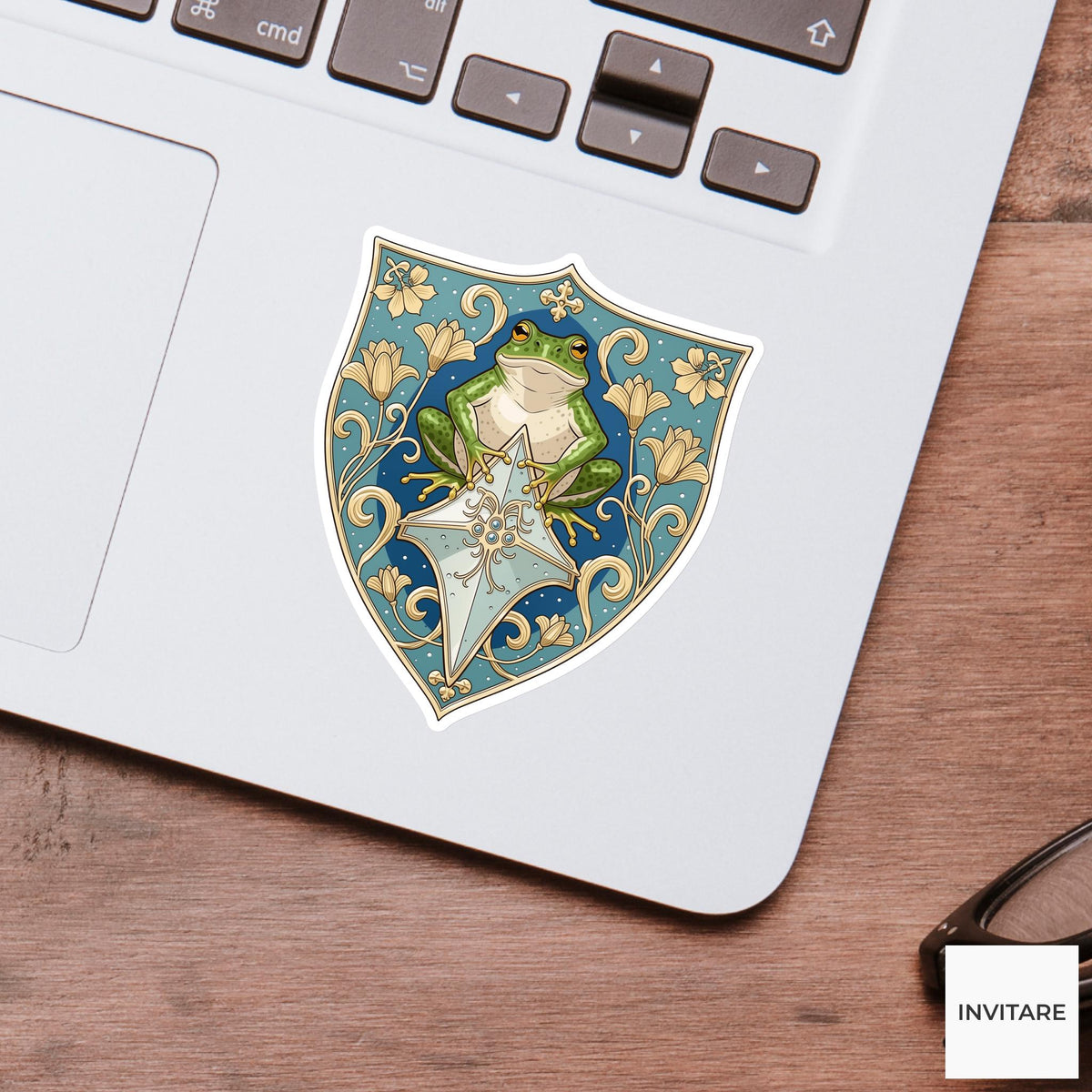 Frog Heraldic Crest Sticker, Medieval Floral Laptop Water Bottle Decal