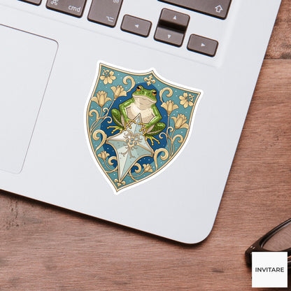 Frog Heraldic Crest Sticker, Medieval Floral Laptop Water Bottle Decal