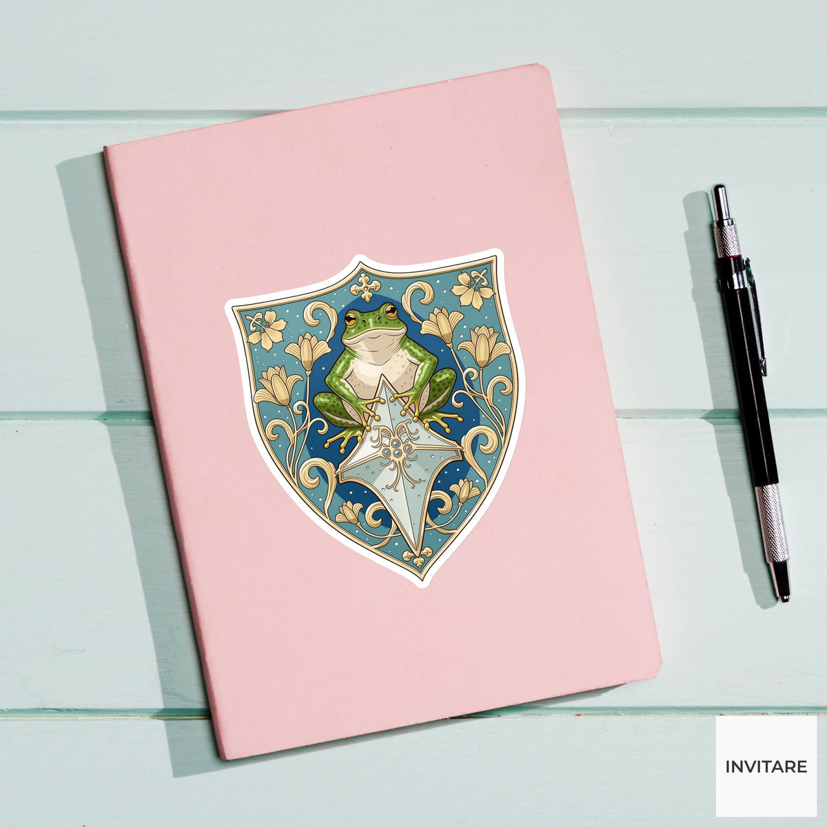 Frog Heraldic Crest Sticker, Medieval Floral Laptop Water Bottle Decal