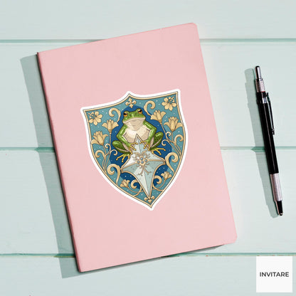 Frog Heraldic Crest Sticker, Medieval Floral Laptop Water Bottle Decal