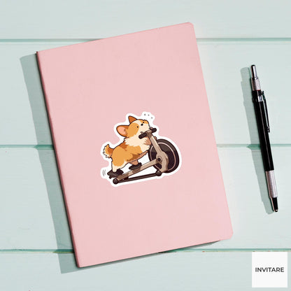 Corgi Stationary Bike Sticker, Kawaii Workout Dog Laptop Water Bottle Decal