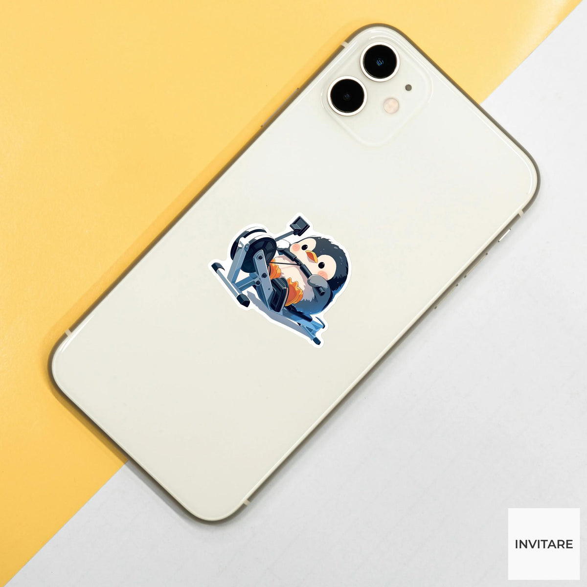 Penguin Rowing Workout Sticker, Kawaii Gym Bird Laptop Water Bottle Decal