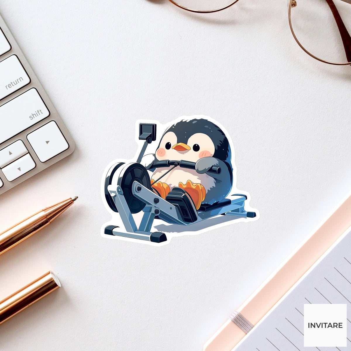 Penguin Rowing Workout Sticker, Kawaii Gym Bird Laptop Water Bottle Decal