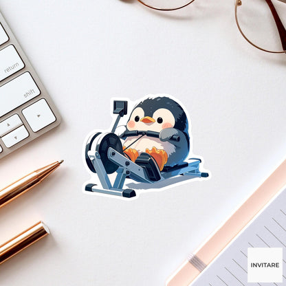 Penguin Rowing Workout Sticker, Kawaii Gym Bird Laptop Water Bottle Decal