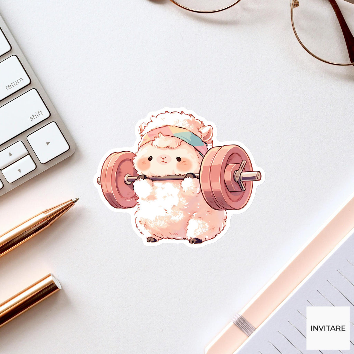 Alpaca Barbell Squat Sticker, Cute Gym Animal Laptop Water Bottle Decal