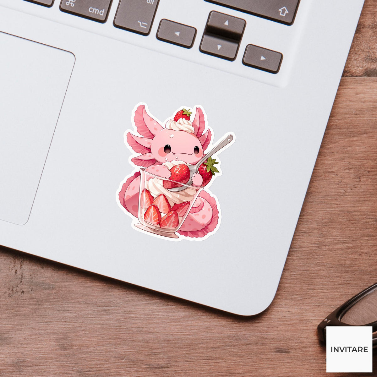 Axolotl Strawberry Parfait Sticker, Cute Food Lover Kitchen Laptop Water Bottle Planner Decal