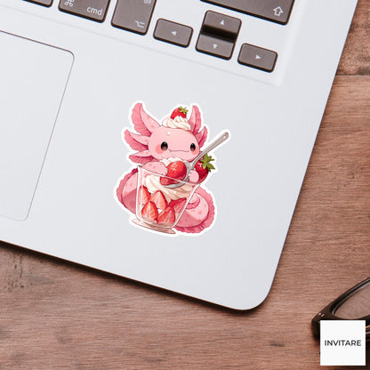 Axolotl Strawberry Parfait Sticker, Cute Food Lover Kitchen Laptop Water Bottle Planner Decal
