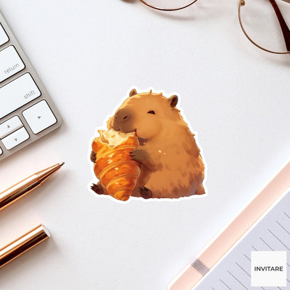 Capybara Butter Croissant Sticker, Cute Kawaii Foodie Kitchen Laptop Water Bottle Planner Gift