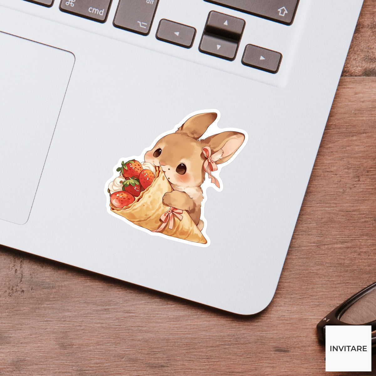 Bunny Strawberry Crepe Sticker, Cute Kawaii Kitchen Laptop Water Bottle Journal Decor Gift