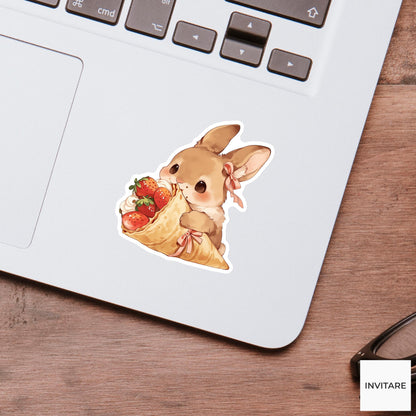 Bunny Strawberry Crepe Sticker, Cute Kawaii Kitchen Laptop Water Bottle Journal Decor Gift