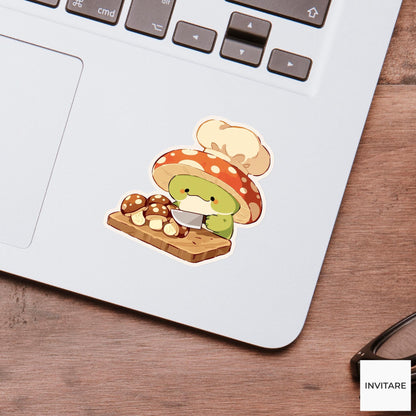Frog Mushroom Chef Sticker, Cute Food Lover Kitchen Laptop Water Bottle Planner Decal