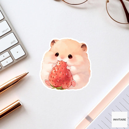 Hamster Strawberry Daifuku Sticker, Cute Kawaii Foodie Kitchen Laptop Water Bottle Planner Gift