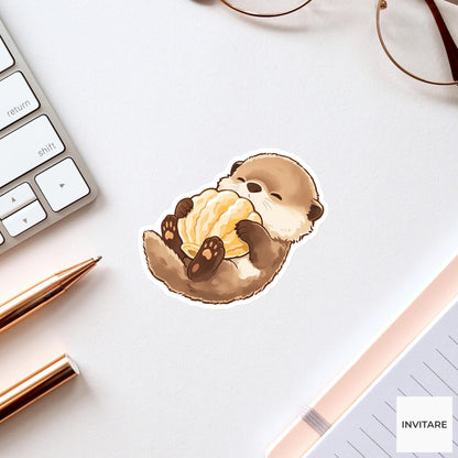 Sleepy Otter Seashell Pillow Sticker, Cute Kawaii Ocean Laptop Planner Gift