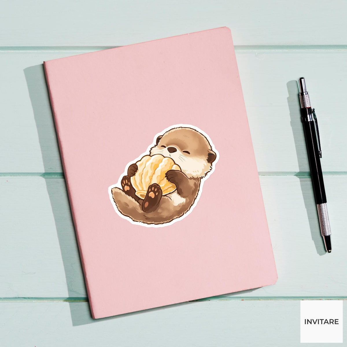 Sleepy Otter Seashell Pillow Sticker, Cute Kawaii Ocean Laptop Planner Gift