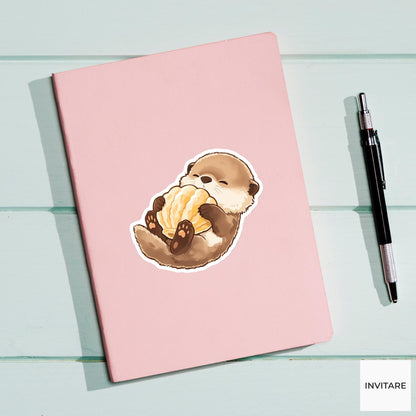 Sleepy Otter Seashell Pillow Sticker, Cute Kawaii Ocean Laptop Planner Gift