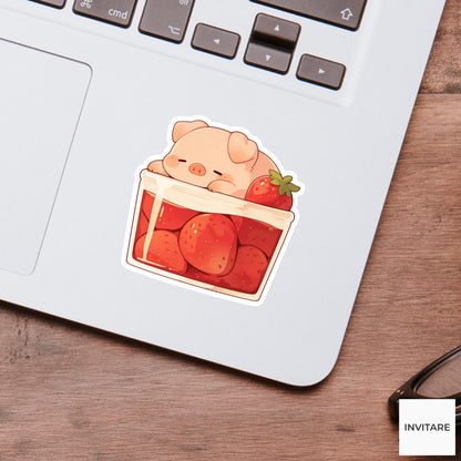 Piglet Strawberry Jam Jar Sticker, Sleepy Kawaii Farm Laptop Planner Gift