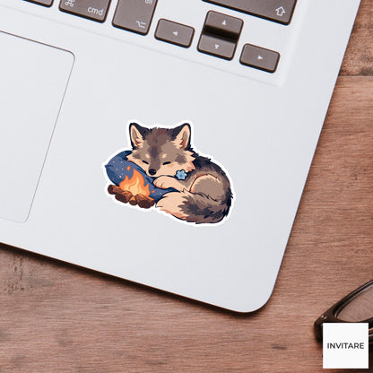 Wolf Pup Campfire Pillow Sticker, Sleepy Kawaii Camping Laptop Planner Gift