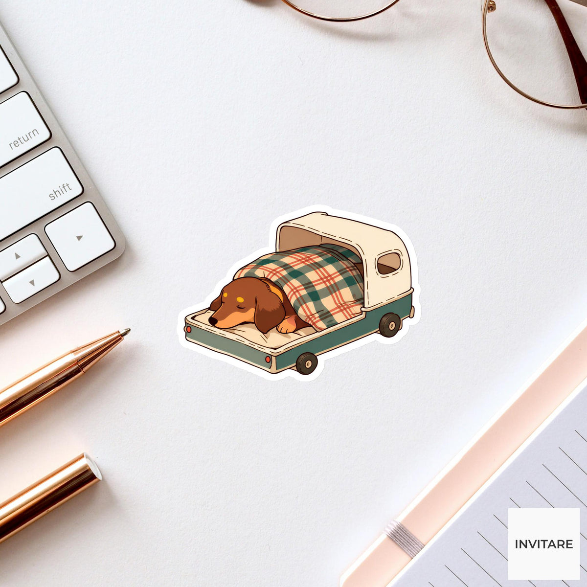 Dachshund Camper Trailer Sticker, Sleepy Kawaii Dog Camping Laptop Planner Gift