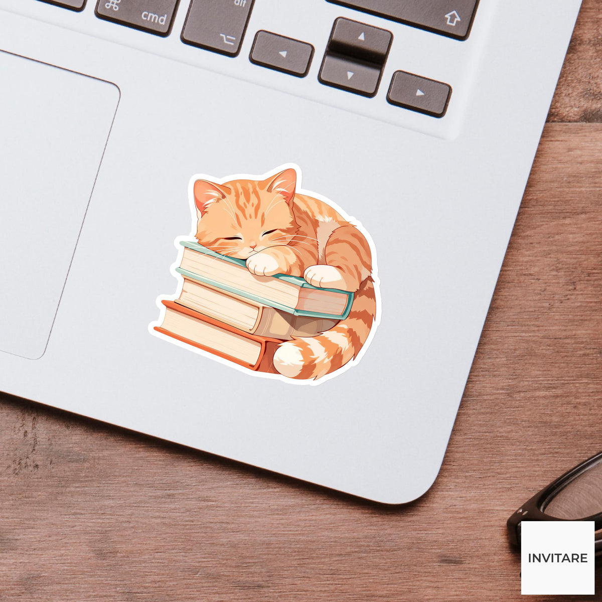 Orange Tabby Book Stack Sticker, Sleepy Kawaii Reader Laptop Planner Gift
