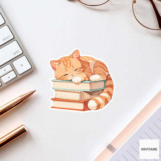 Orange Tabby Book Stack Sticker, Sleepy Kawaii Reader Laptop Planner Gift