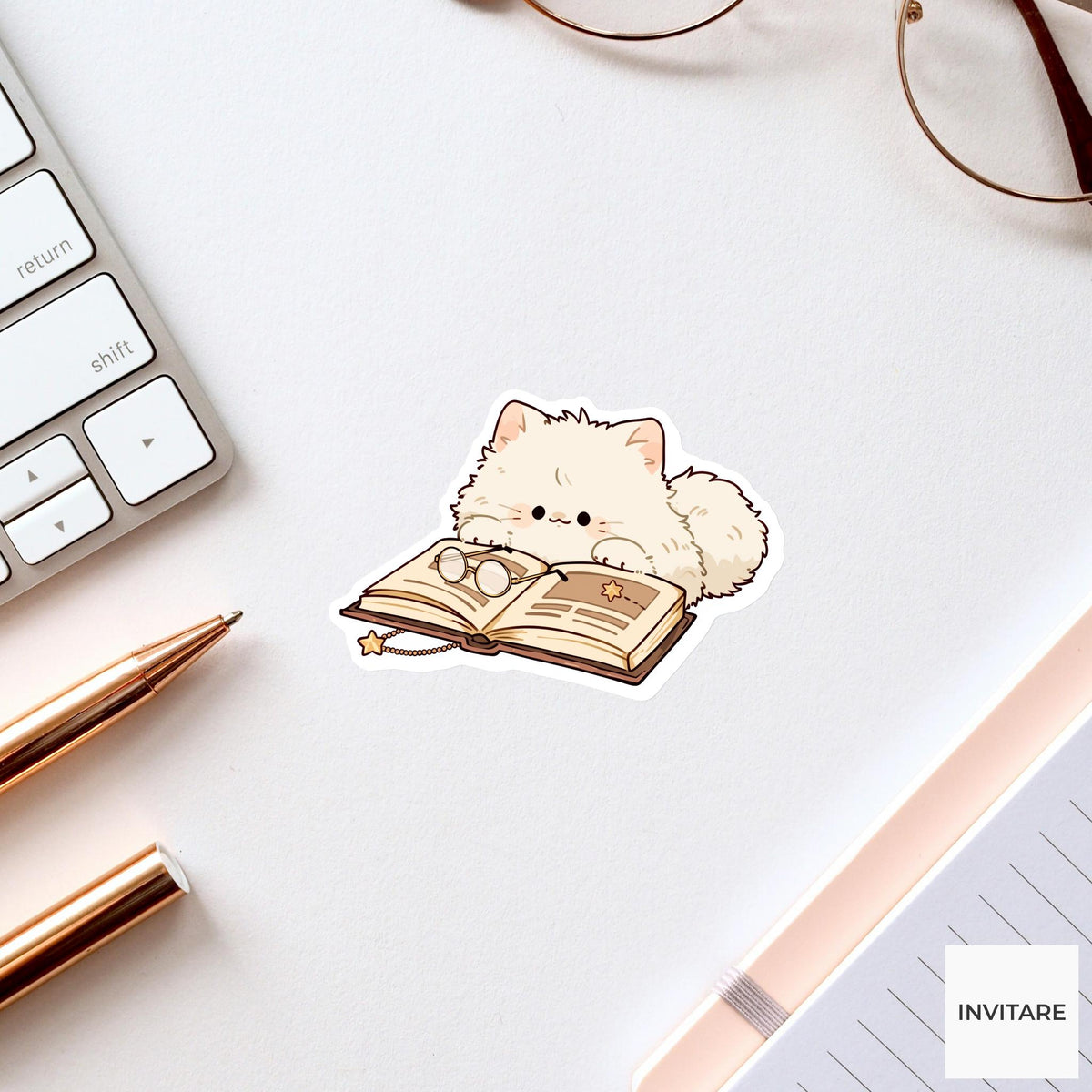 Persian Cat School Librarian Sticker, Cute Kawaii Laptop Bottle Planner Journal Reading Gift