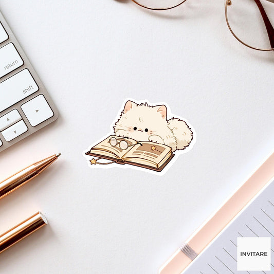 Persian Cat School Librarian Sticker, Cute Kawaii Laptop Bottle Planner Journal Reading Gift