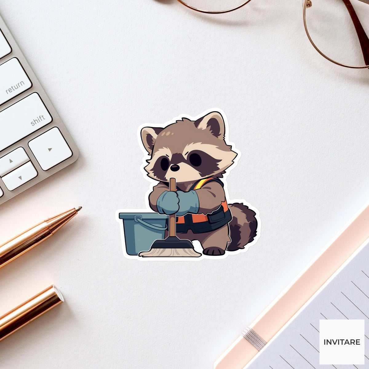Raccoon Night Shift Janitor Sticker, Cute Kawaii Laptop Bottle Planner Journal Custodian Gift