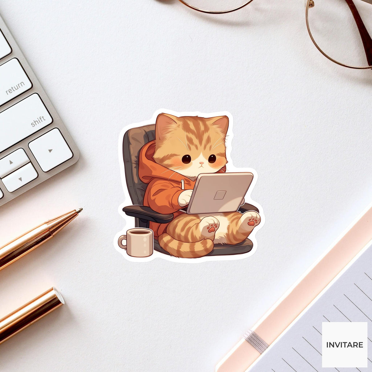 Orange Tabby Work From Home Cat Sticker, Cute Kawaii Laptop Bottle Planner Remote Gift