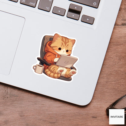 Orange Tabby Work From Home Cat Sticker, Cute Kawaii Laptop Bottle Planner Remote Gift