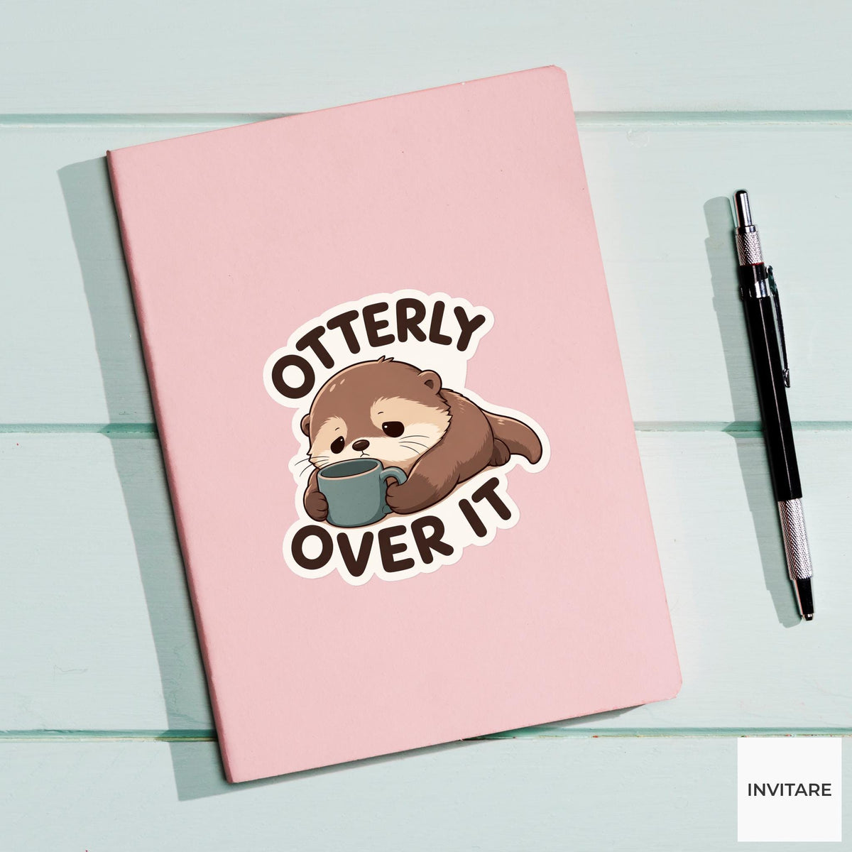 Otterly Over It Sticker, Funny Otter Coffee Pun Laptop Planner Gift for Burnout Friend