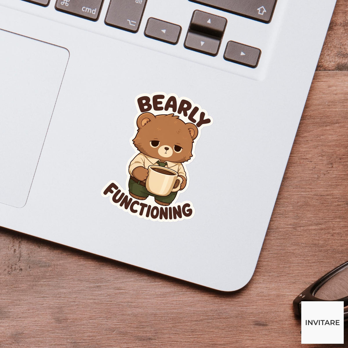 Bearly Functioning Sticker, Funny Bear Coffee Pun Laptop Planner Gift for Tired Coworker
