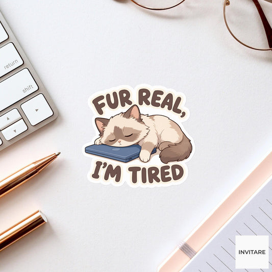 Fur Real I'm Tired Sticker, Funny Sleepy Cat Pun Laptop Gift for Tired Student