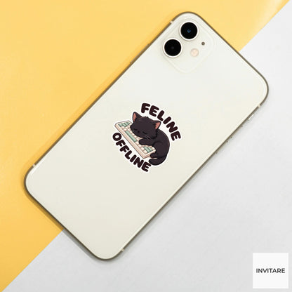 Feline Offline Sticker, Funny Black Cat Pun Laptop Planner Gift for Remote Worker