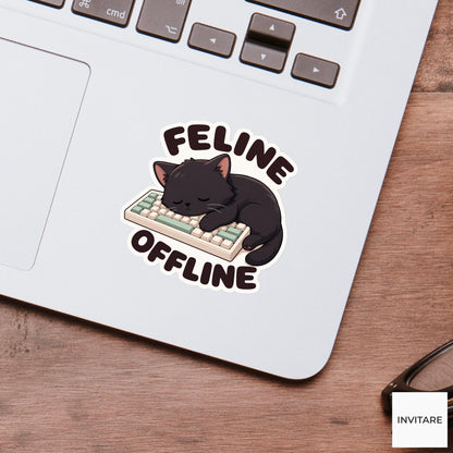 Feline Offline Sticker, Funny Black Cat Pun Laptop Planner Gift for Remote Worker