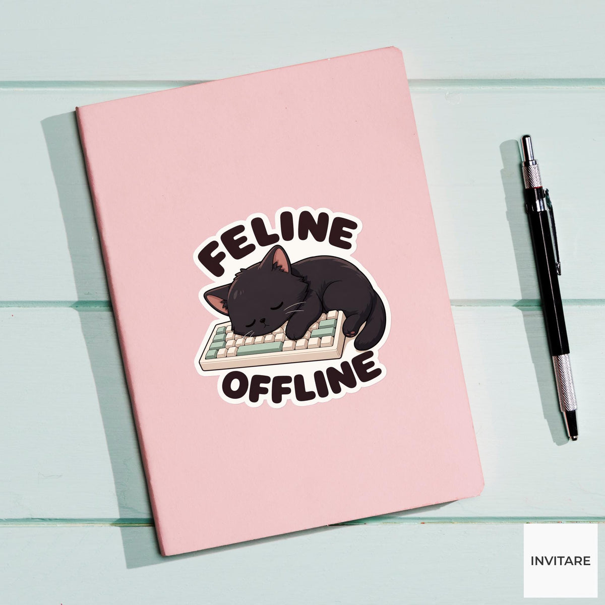 Feline Offline Sticker, Funny Black Cat Pun Laptop Planner Gift for Remote Worker