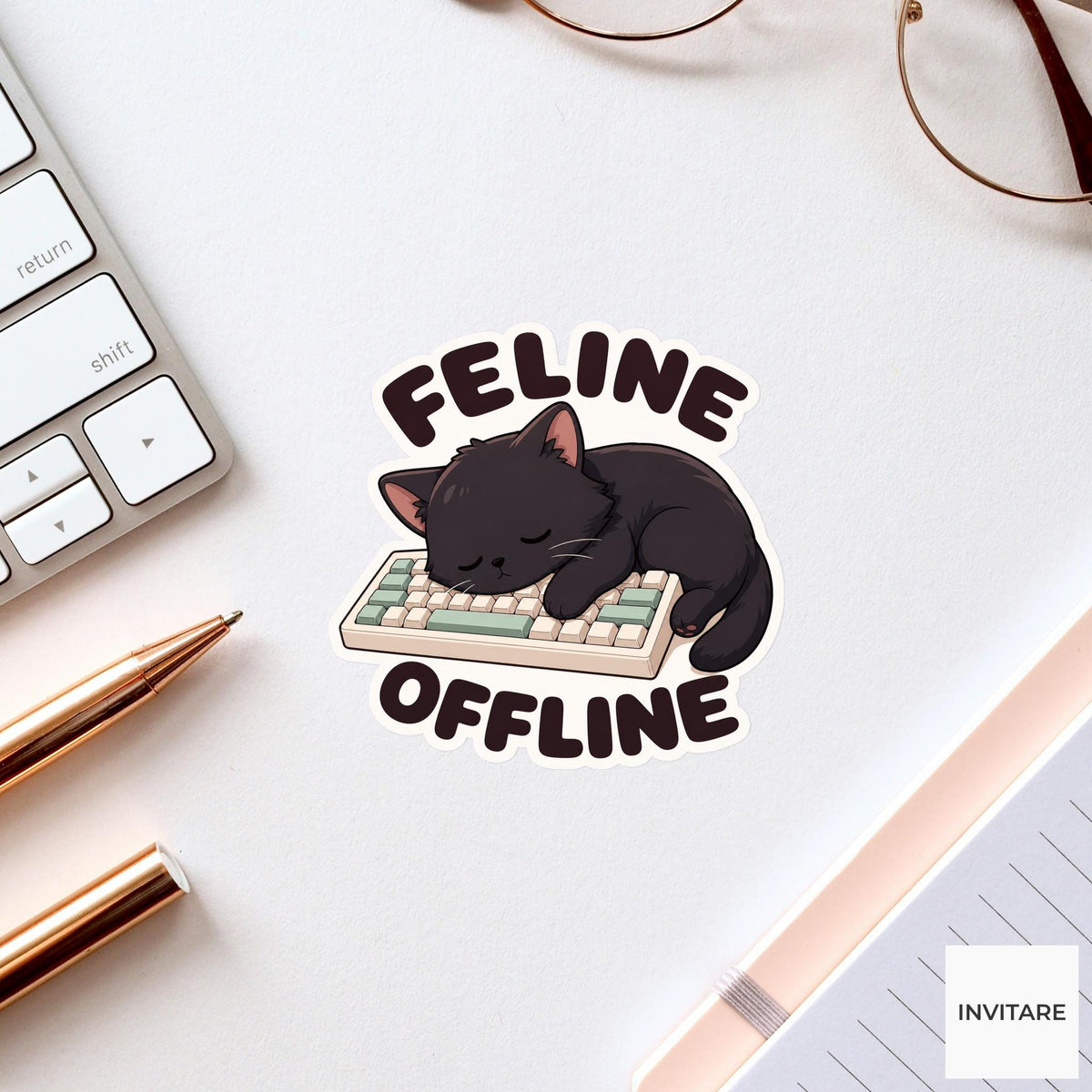 Feline Offline Sticker, Funny Black Cat Pun Laptop Planner Gift for Remote Worker