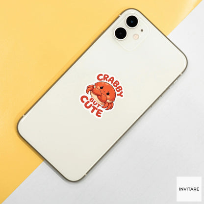 Crabby but Cute Sticker, Funny Crab Mood Pun Laptop Planner Gift for Grumpy Friend
