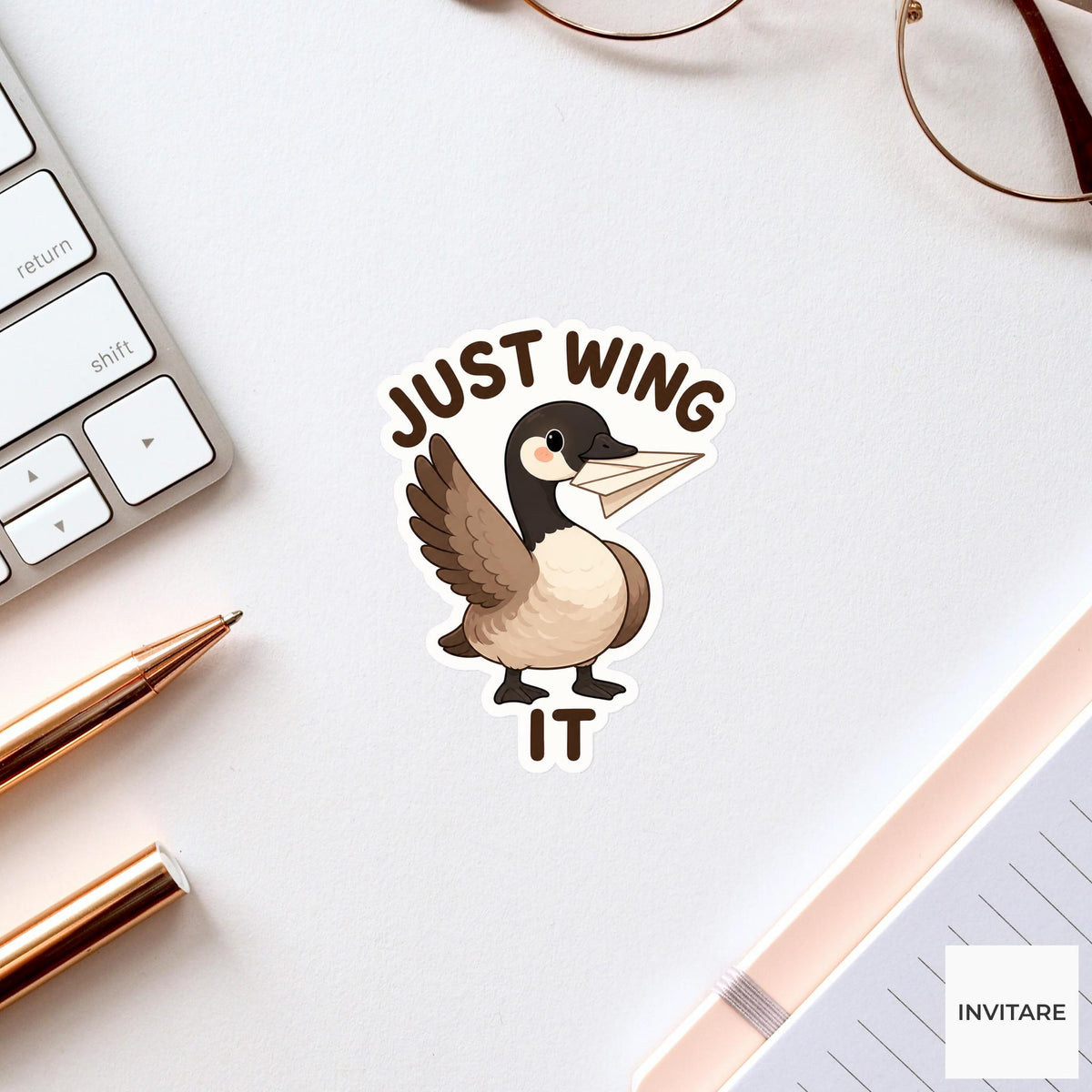 Just Wing It Sticker, Funny Goose Pun Pun Laptop Planner Gift for Creative Friend