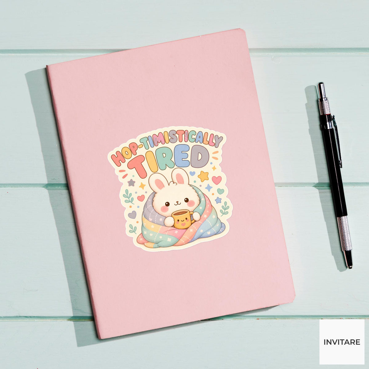 Hop-timistically Tired Sticker, Funny Bunny Nap Pun Laptop Planner Gift for Sleepy Friend
