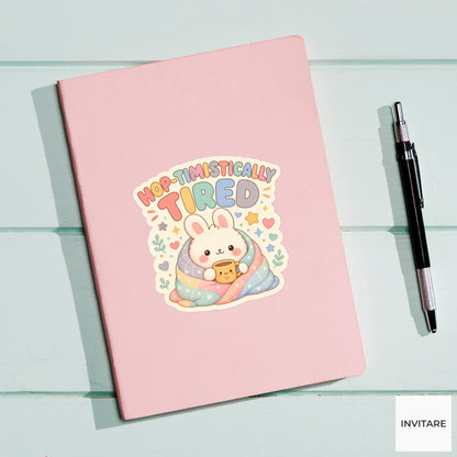 Hop-timistically Tired Sticker, Funny Bunny Nap Pun Laptop Planner Gift for Sleepy Friend